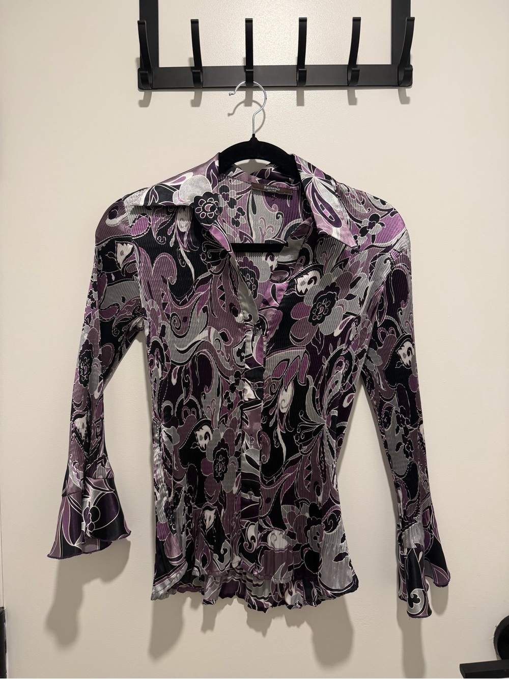 Vintage Purple Floral Print Long-Sleeve Blouse